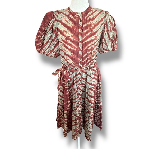 Ulla Johnson Magdalena Midi Dress Burgundy Tiger Print Puff Sleeves Ruffled Sz 8 - Picture 2 of 9